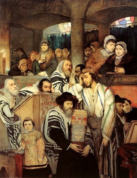  Jews praying in the Synagogue on Yom Kippur. (1878 painting by Maurycy Gottlieb